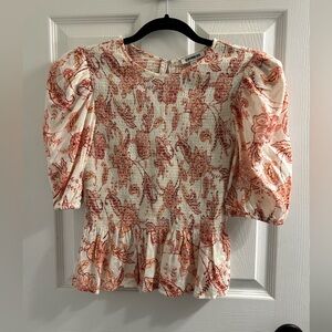 Express Short Sleeve Blouse, Ruching,, Pink, Rust and Cream, Size Small